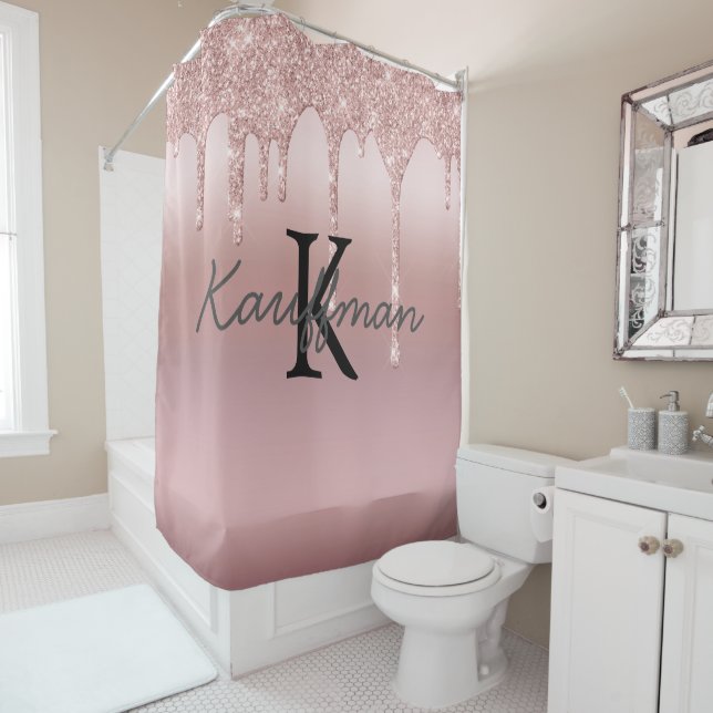 Rideaux De Douche Rose Gold Monogramme Paillettes de Bain Tendance  (En situation)