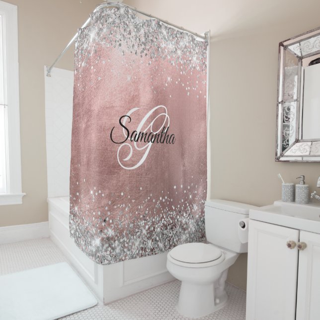 Rideaux De Douche Rose Gold Paillettes Argent Monogramme Fantaisie (En situation)