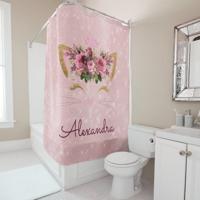 Rideaux De Douche Rose Gold Rose princesse Kitty avec Monogramme (En situation)