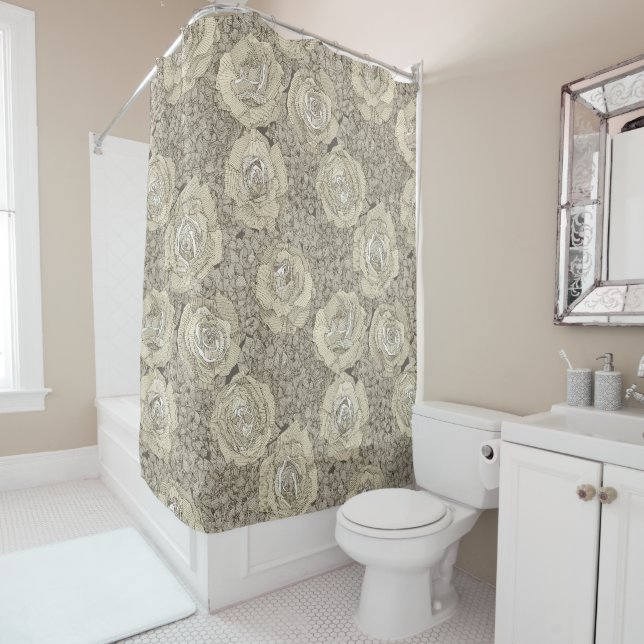 Rideaux De Douche rose hydrangea floral cream tea leather (En situation)