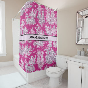 Rideaux De Douche Rose Magenta Vintage Toile de Jouy Floral Monogram
