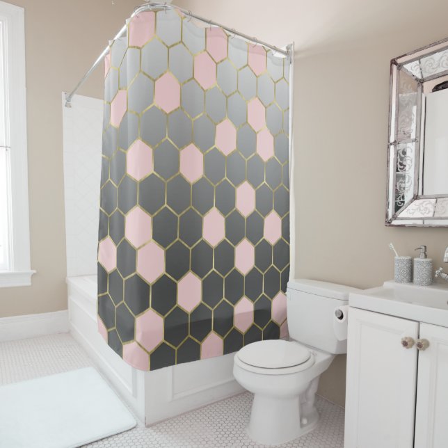 Rideaux De Douche Rose Pâle Gris & Or Hexagone Glamour Moderne (En situation)