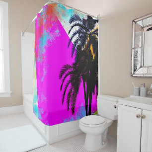 Rideaux De Douche Rose Rétro Couleurs Vives Palmiers de Plage en Été