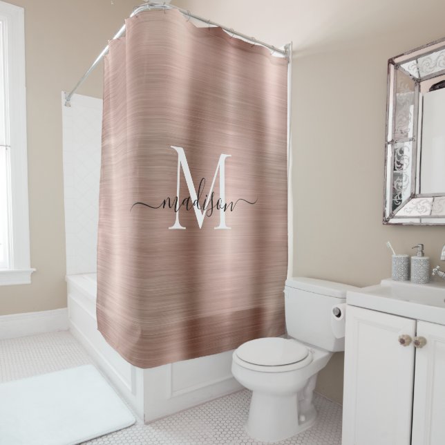 Rideaux De Douche Rose Rose Or Monogramme Feminine Script Glam Metal (En situation)