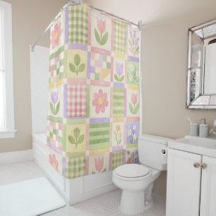 Rideaux De Douche Rose Vert Jaune Pastel Courtepoint Patchwork Flora