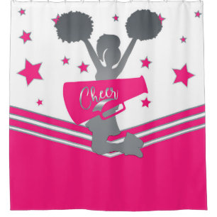 Rideaux De Douche Rose vif blanc étoiles argent cheer Cheer-leading