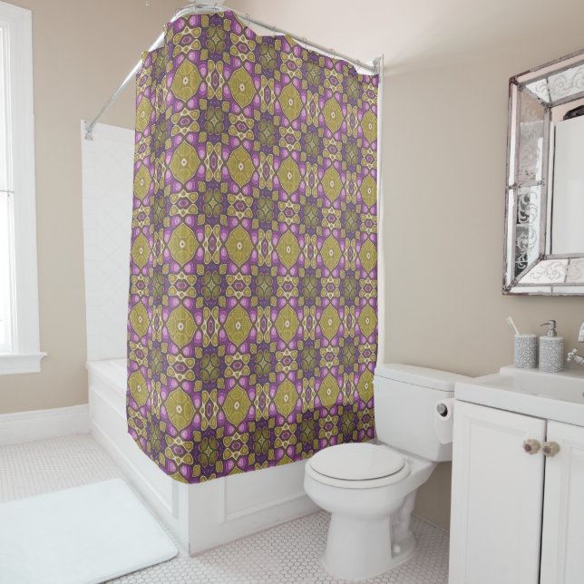 Rideaux De Douche Rose violet ocre Olive Green Tribal Art (En situation)