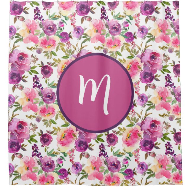 Rideaux De Douche Rose violet Rose Floral Girly initial Monogramme (Devant)