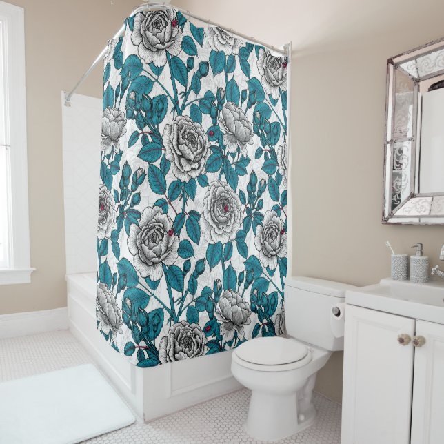 Rideaux De Douche Roses blanches et coccinelles (En situation)