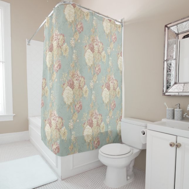 Rideaux De Douche Roses blanches et roses saumon sur fond bleu  (En situation)