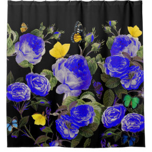 Rideaux De Douche ROSES BLEUS ET BOUTEILLES JAUNES Noirs