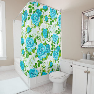Rideaux De Douche Roses Bleus Et Feuilles Verts