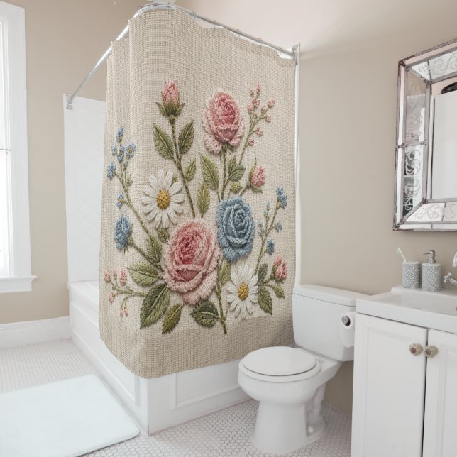 Rideaux De Douche Roses Brodées Blush & Bleu (En situation)
