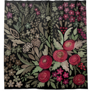 Rideaux De Douche Roses d'aquarelle sur un arrière - plan noir, aqua