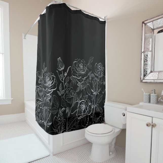 Rideaux De Douche Roses de Lineart noir et blanc (En situation)