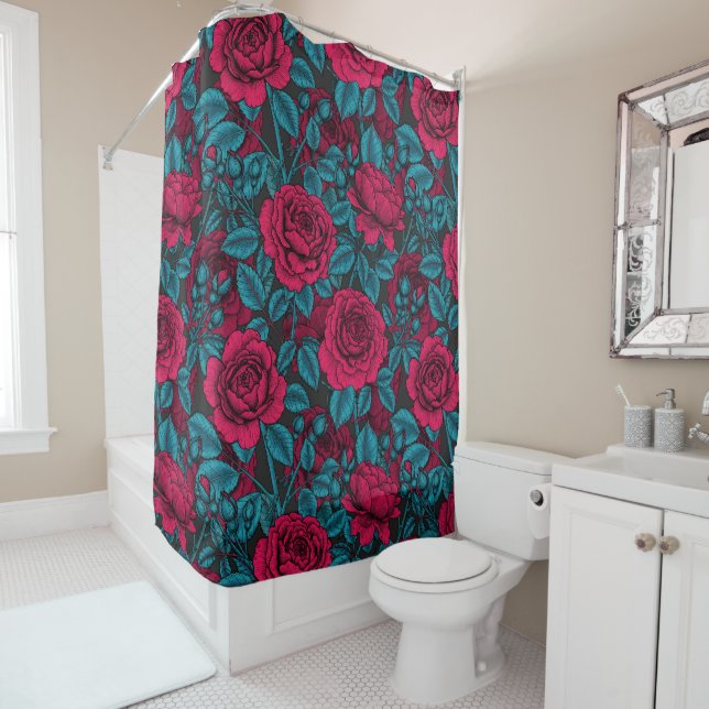 Rideaux De Douche Roses en rouge et bleu (En situation)