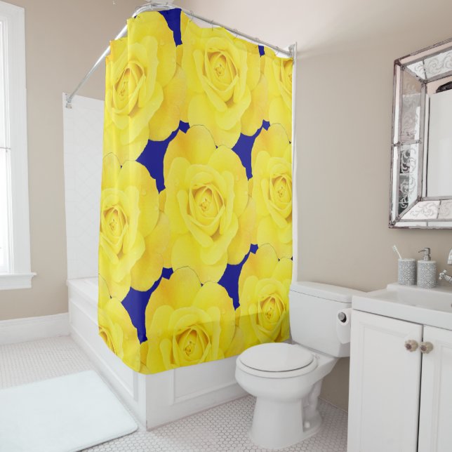 Rideaux De Douche Roses Jaunes Fleurs Or Flore Modèle Marine Bleu (En situation)