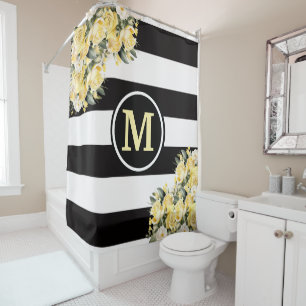 Rideaux De Douche Roses jaunes Monogramme rayé noir et blanc