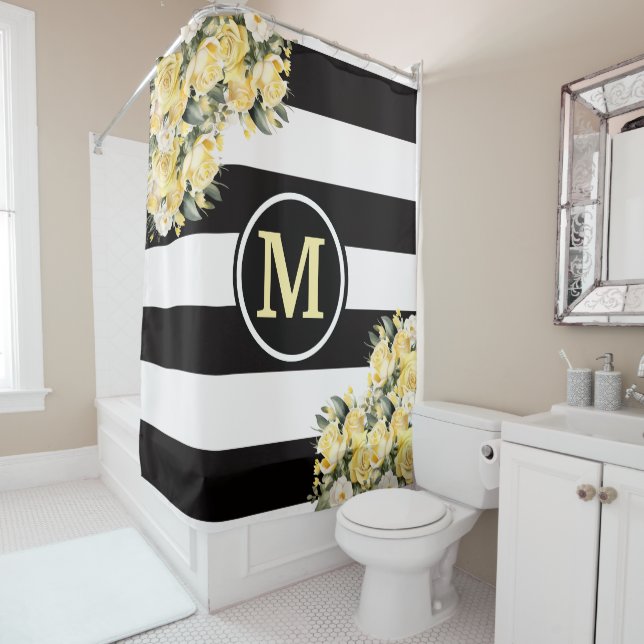 Rideaux De Douche Roses Jaunes Monogramme Rayé Noir et Blanc (En situation)