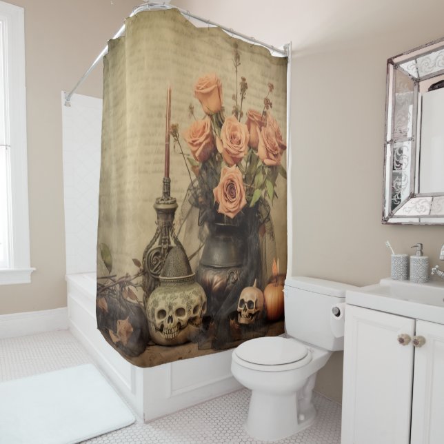 Rideaux De Douche Roses Macabres Vintage Crânes Sépia (En situation)