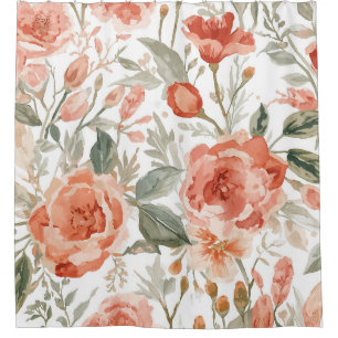 Rideaux De Douche Roses orange aquarelle botanique corail floral