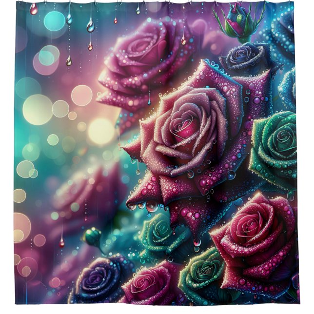 Rideaux De Douche "Roses rayonnants avec gouttes d'eau" (Devant)