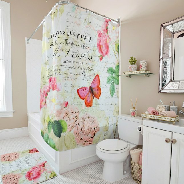 Rideaux De Douche Roses roses et papillon (Créateur téléchargé)