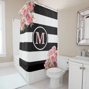 Rideaux De Douche Roses roses noires et blanches Monogramme rayé