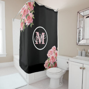 Rideaux De Douche Roses roses noires et blanches Monogramme rayé