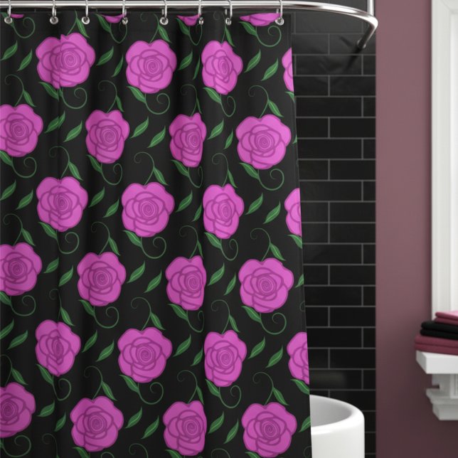Rideaux De Douche Roses roses sur fond noir (Soft, romantic & feminine. Pink roses on black will make your bathroom romantically beautiful.)