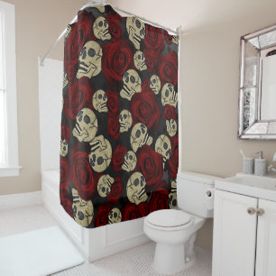 Rideaux De Douche Roses Rouges & Crânes Floral Gothique Gris Noir