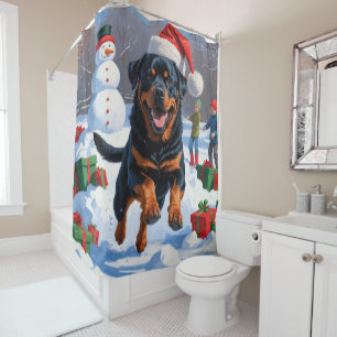 Rideaux De Douche Rottweiler courant dans la neige avec un chapeau d