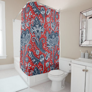 Rideaux De Douche Rouge Blanc & Bleu Floral Paisley Bohème Boho