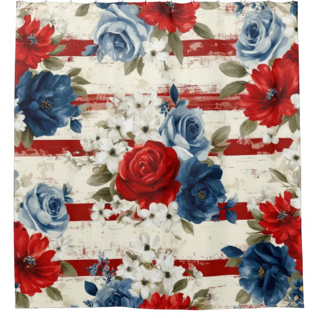 Rideaux De Douche Rouge Bleu Blanc Floral Patriotique (2) (Devant)