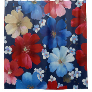 Rideaux De Douche Rouge Bleu Blanc Floral Patriotique (9)