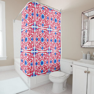 Rideaux De Douche Rouge & Bleu Floral Traditionnel Mexicain Talavera