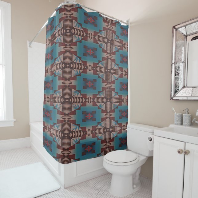 Rideaux De Douche Rouge Brun Turquoise Bleu Vert Look Eclectique Eth (En situation)