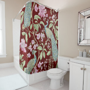 Rideaux De Douche Rouge Chinoiserie paon à fleurs élégant