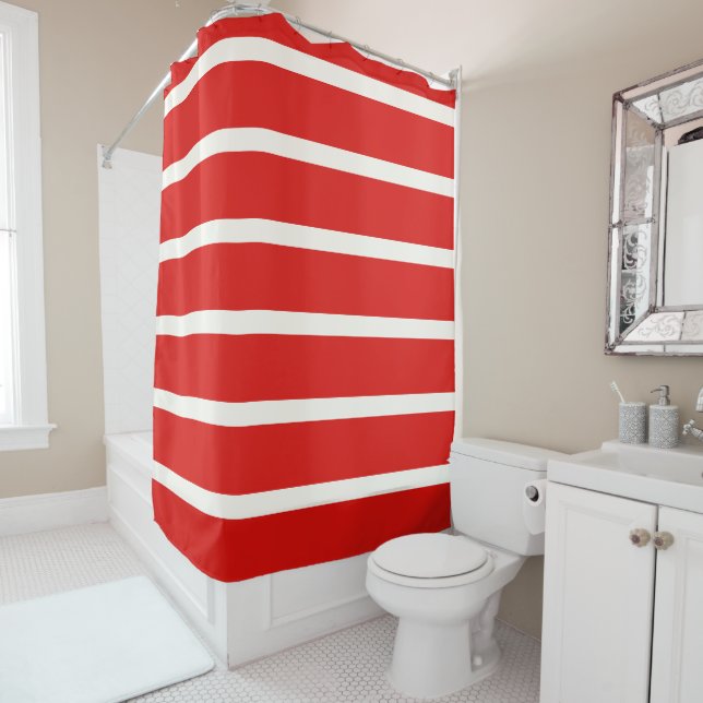 Rideaux De Douche Rouge et blanc rayé bandes horizontales (En situation)