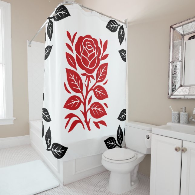Rideaux De Douche Rouge et noir Rose floral moderne verre minimal (En situation)