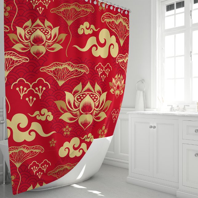 Rideaux De Douche Rouge et or Lotus Floral Oriental Motif (Créateur téléchargé)
