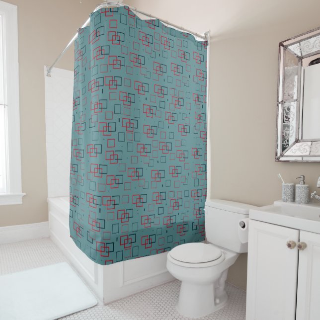 Rideaux De Douche Rouge et Turquoise carré enchanté (En situation)