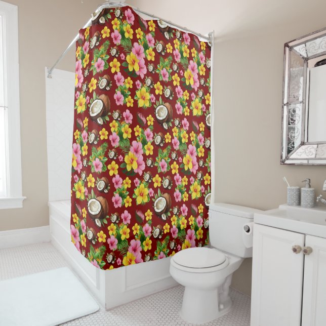 Rideaux De Douche Rouge floral tropical (En situation)