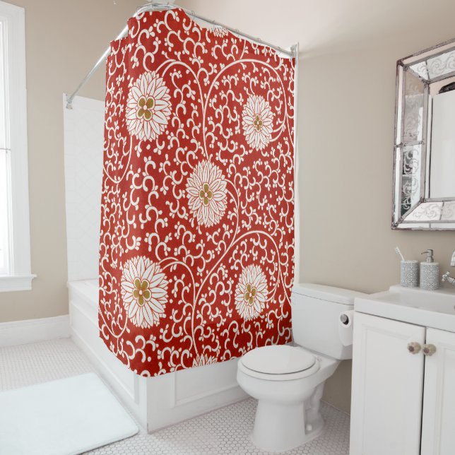 Rideaux De Douche Rouge Floral Vibrant Ornate Classé Motif (En situation)