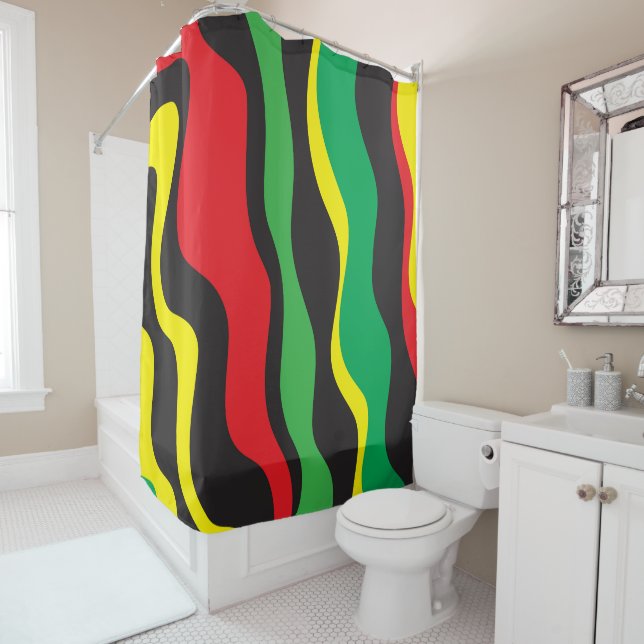 Rideaux De Douche Rouge Jaune Vert Noir Vague Rasta (En situation)