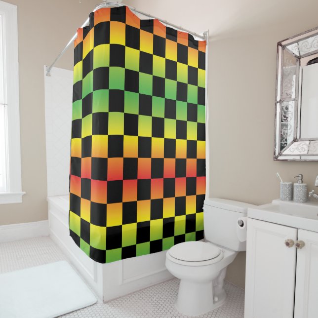 Rideaux De Douche Rouge jaune vert Rasta Ombre À damiers (En situation)