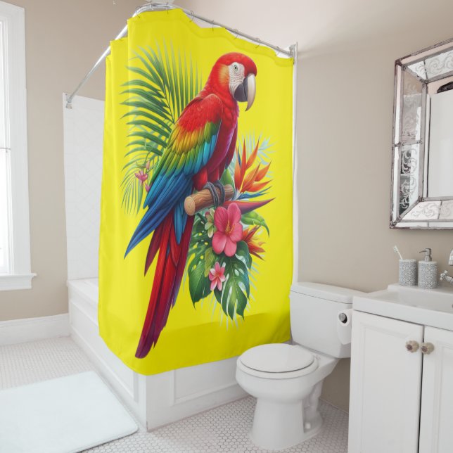 Rideaux De Douche Rouge macaw tropical floral (En situation)
