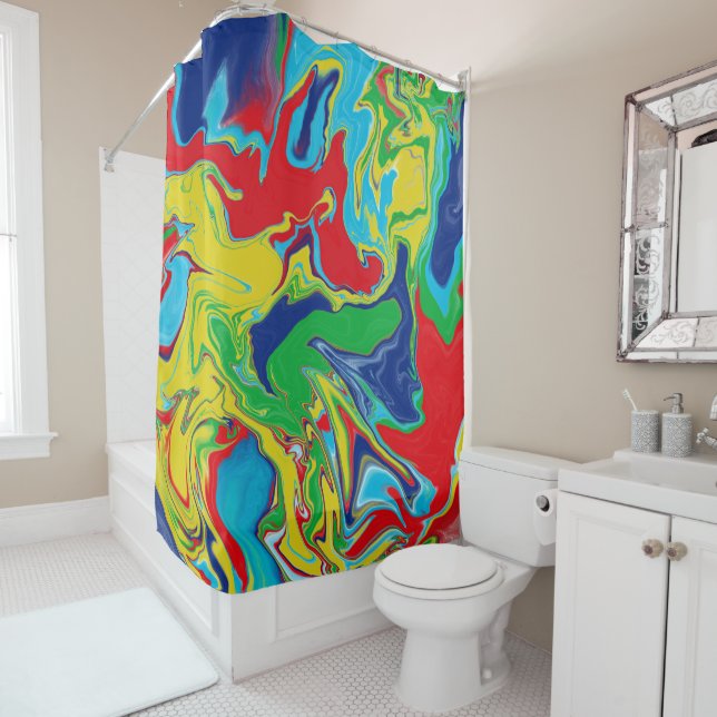 Rideaux De Douche Rouge moderne Turquoise Bleu Vert Jaune Abstrait (En situation)