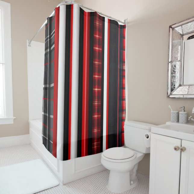 Rideaux De Douche Rouge Noir Abstrait Plaid Collection tendance (En situation)