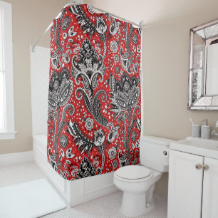 Rideaux De Douche Rouge Noir & Blanc Floral Paisley Bohème Boho